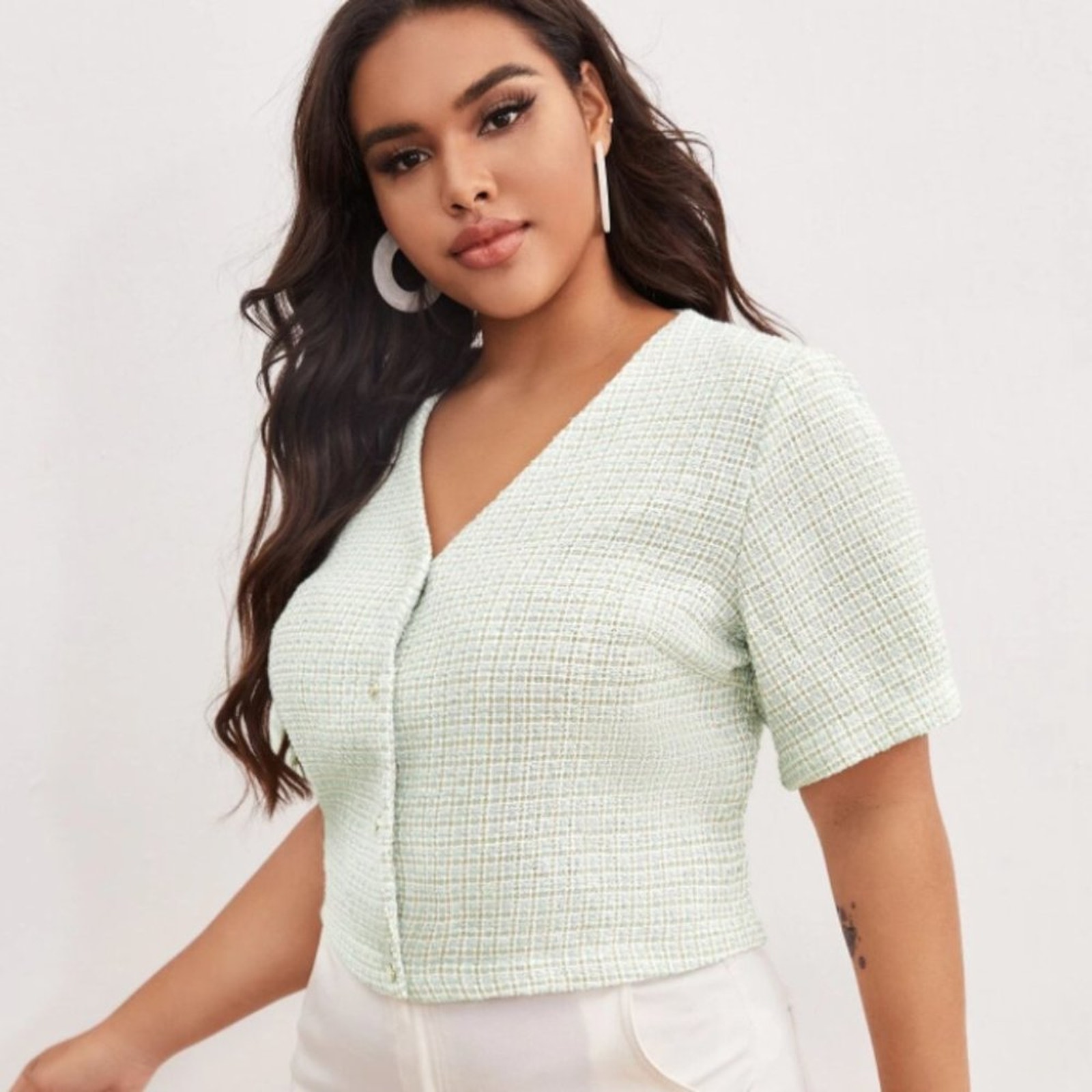 Plus Buttoned Front Tweed Top